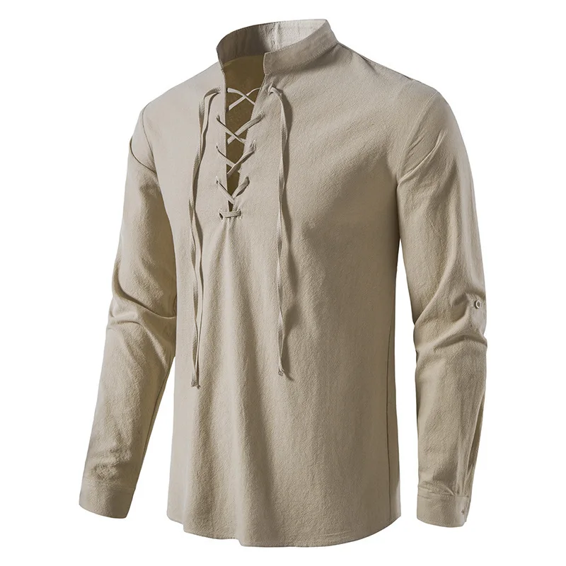 Men Lace Up Long Sleeve Solid Blouse Shirts Male Solid Loose Pullover Blouse Tops