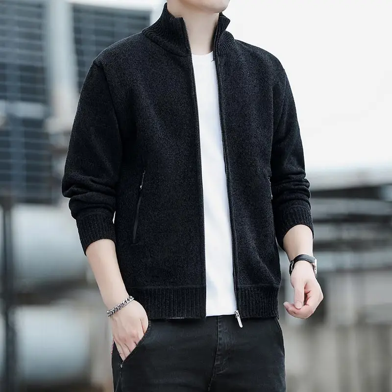 Men's Sweater Cardigan Knit Jacket Solid Color Stand Collar Zipper Pocket