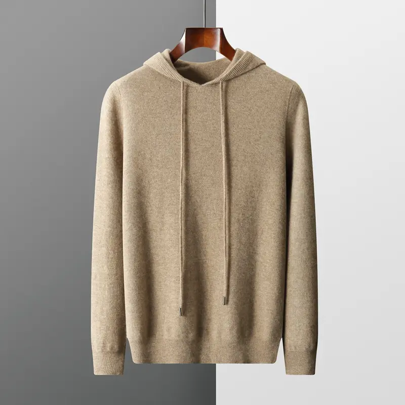 Men's 100% Wool Sweater Hooded Collar Knitted Pullover Cashmere Sweatshirt Casual Tops Long Sleeved
