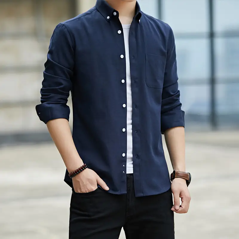 Men Shirt Long Sleeve Solid Color Polo Neck Shirt