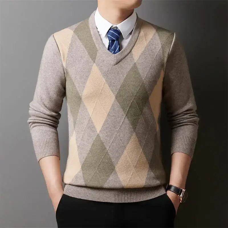 Men's Plaid V-Neck Long Sleeved Sweater Knitted Sweater Fashion Casual Versatile Top