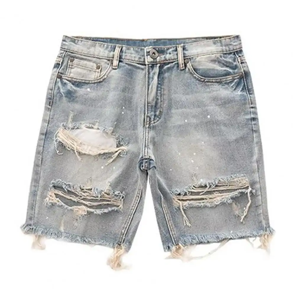 Distressed Denim Button-Zip Fly Shorts