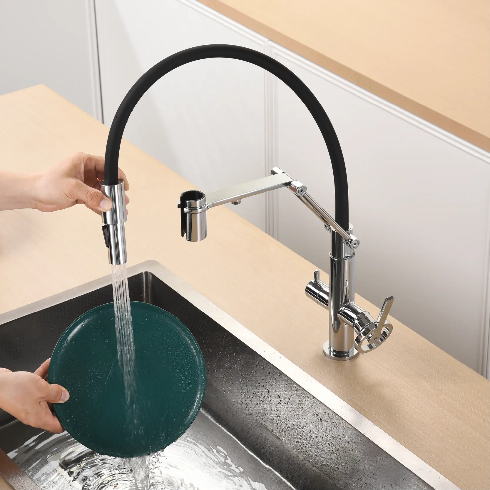 Kitchen Faucet With 3-In-1 Pull Down Sprayer Feature Single Hole 2 Handle Hot Cold Sink Mixer Tap