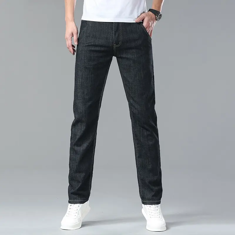 Men Fashion High Waisted Stretch Denim Pants Business Casual Straight Jeans Breathable Trousers