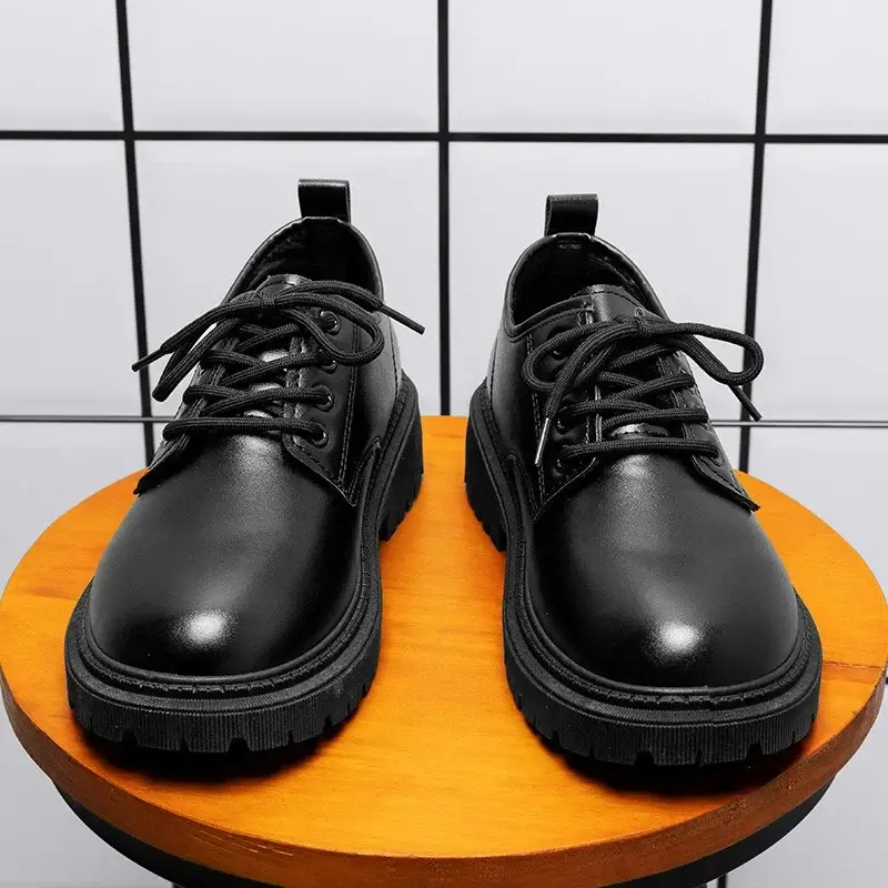 Casual Men's Pure Black Lace-Up Height-Increasing Business-Style Low-Heeled Comfortable And Durable Small Leather Shoes