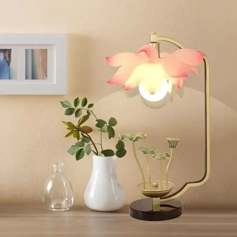 Lotus Table Lamp Chinese Style Decor for Living Room Bedroom Tea Room and Study
