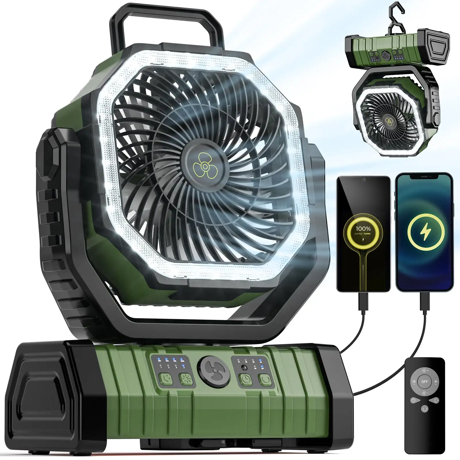 Camping Fan 20000mAh Battery Powered Fan Rechargeable With LED Light Portable Outdoor Tent Fan With Hanging Hook 4 Speeds Wind