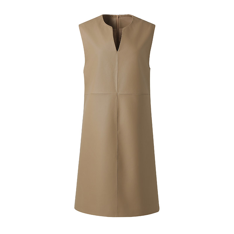 Fashionable Sleeveless V Neck Ladies Straight Dress Pure Color Women Real Leather Dress