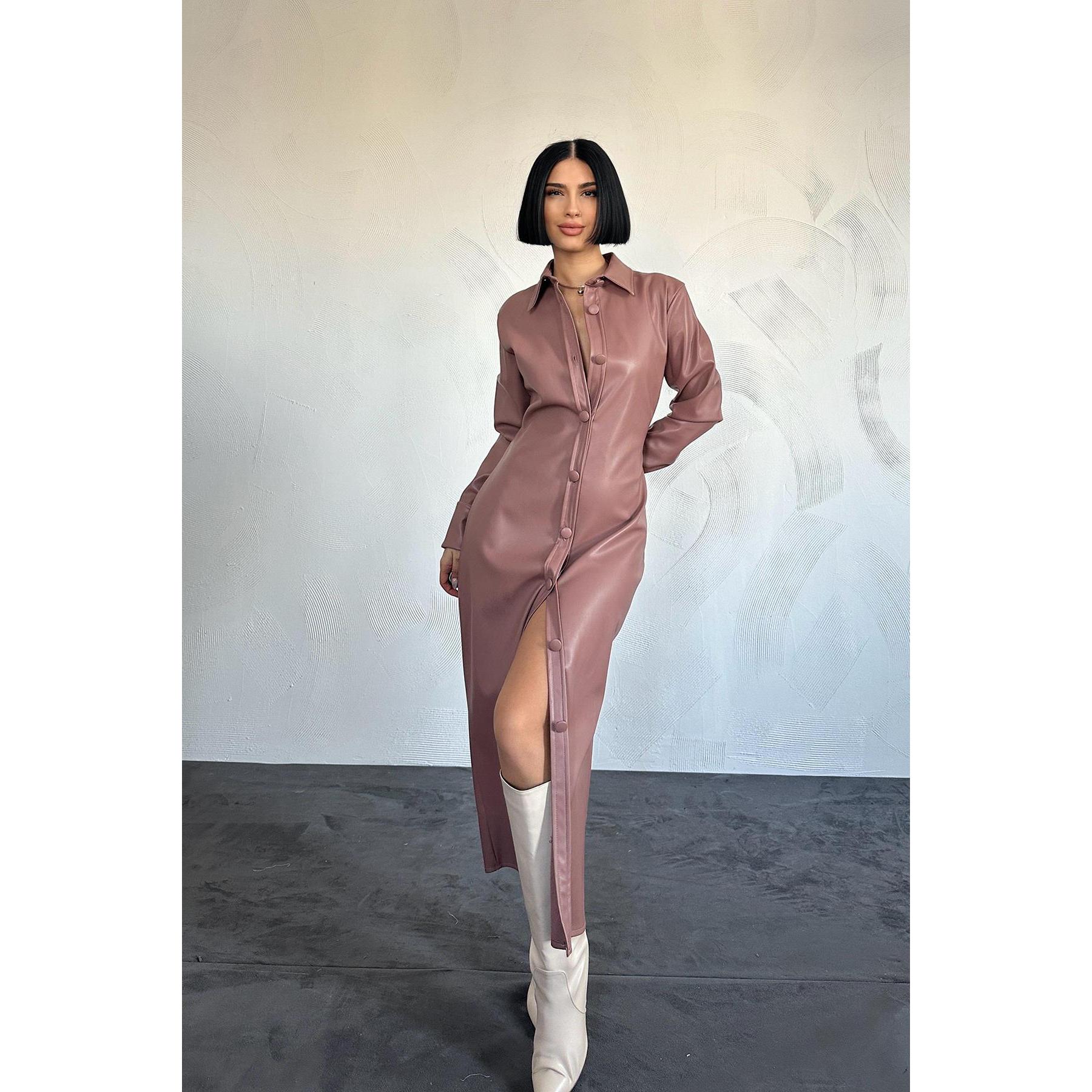 Sheath Silhouette Full-Length Leather Dress With Buttoned Detail