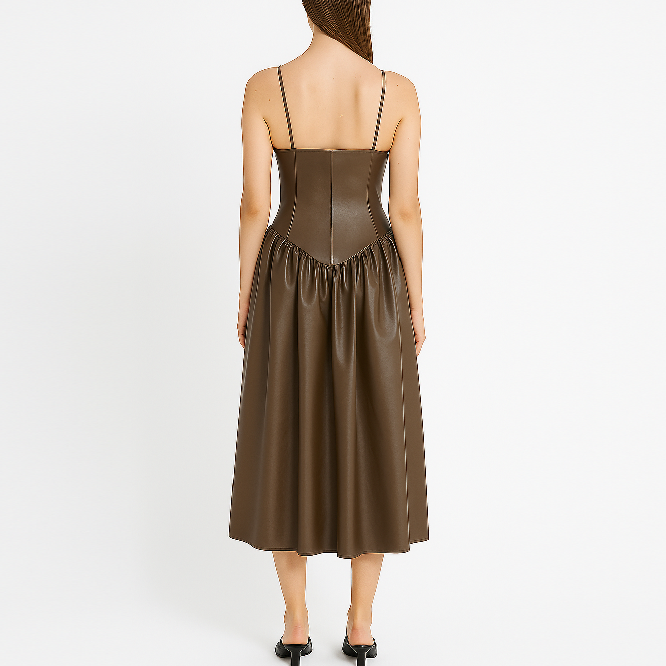 Fashion Elegant Evening Party Midi Long Ladies Women Ruched Pleated PU Leather Dress