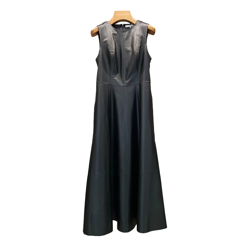 Elegant Solid Sleeveless Long Style Leather Dress Ladies Genuine Sheepskin Leather Dress