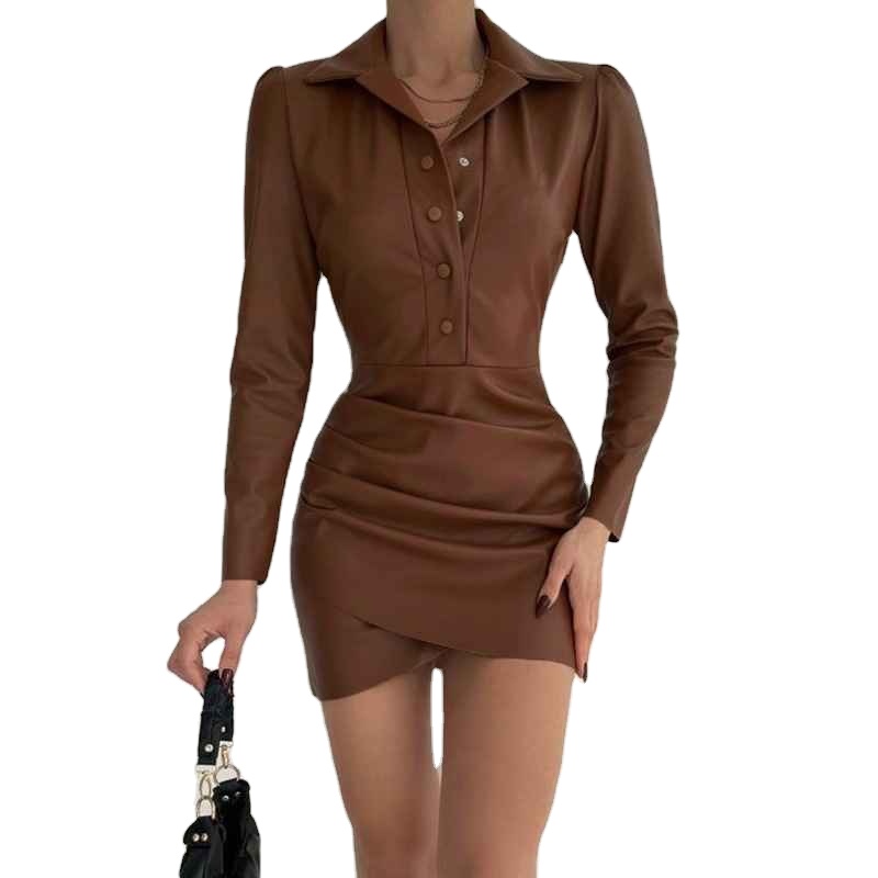 Deep V Buttock Leather Dress PU Leather Dress