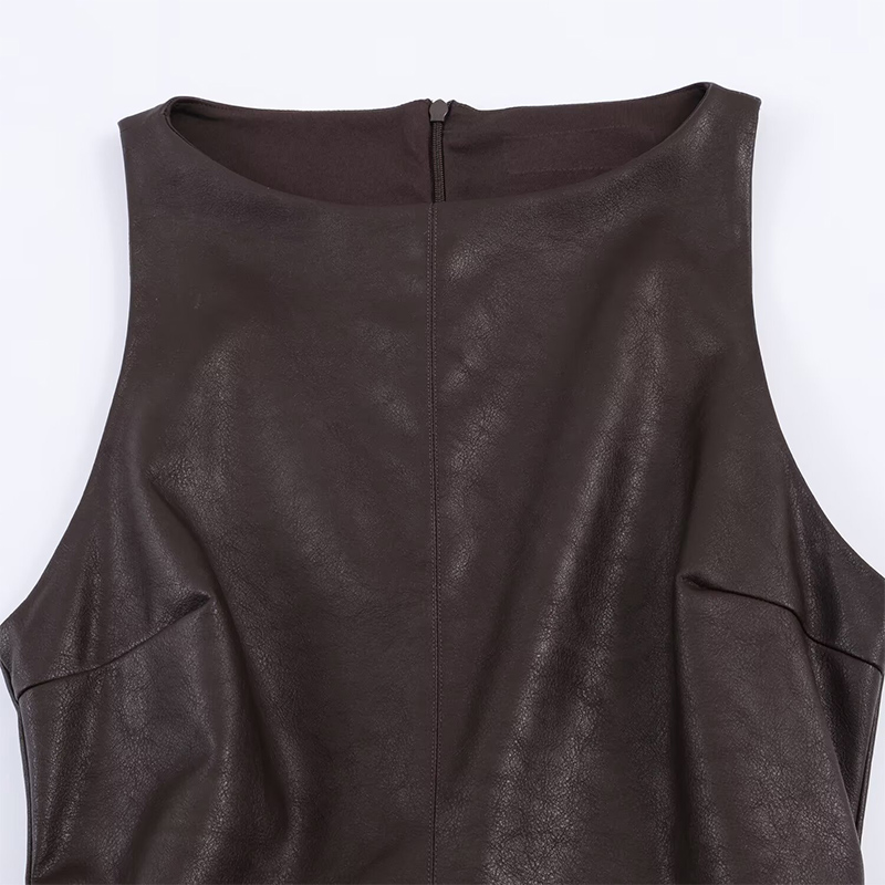 Women's Fashion Faux Leather Dress Vintage Round Neck Sleeveless Mini Dress