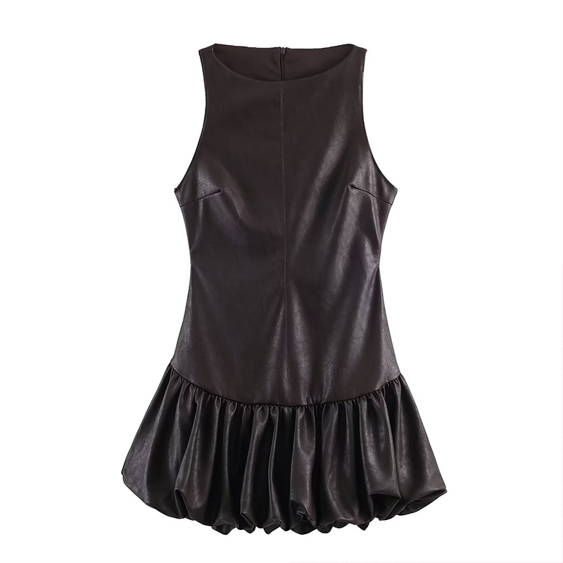 Women's Fashion Faux Leather Dress Vintage Round N...
