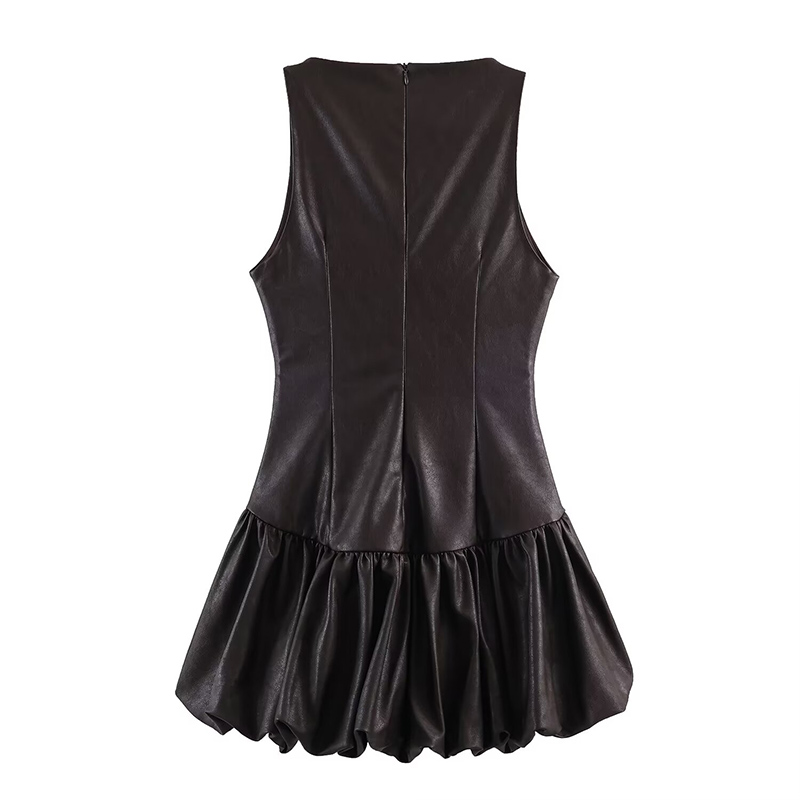Women's Fashion Faux Leather Dress Vintage Round Neck Sleeveless Mini Dress