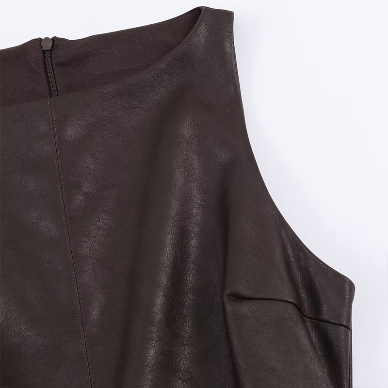 Women's Fashion Faux Leather Dress Vintage Round Neck Sleeveless Mini Dress
