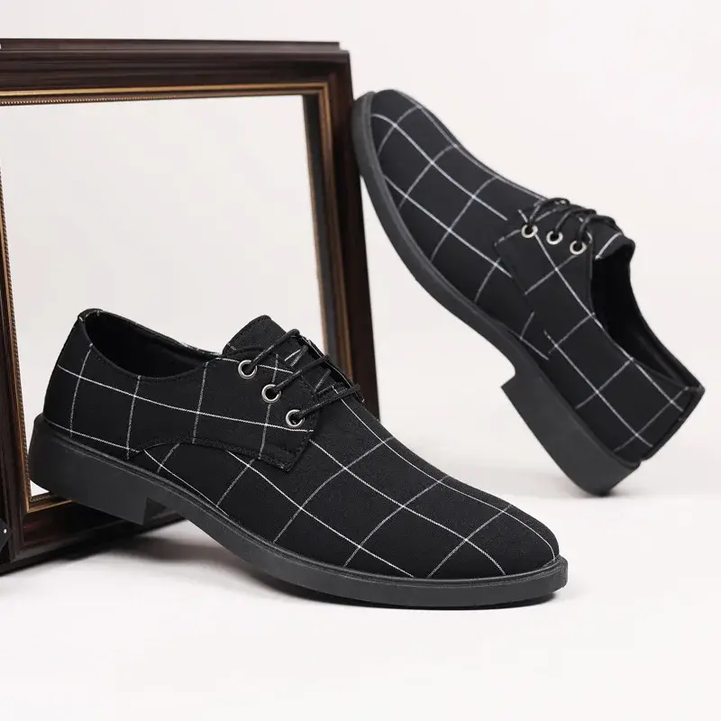 Men's Casual Business Shoes Leisure Canvas Lace-Up Formal Shoes Breathable Round Toe PVC Outsole