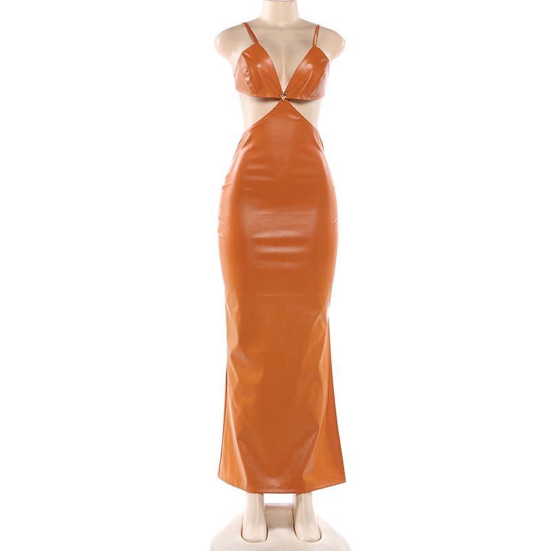 Sexy Stretch Deep V Cut Out Leather Dress Women Sl...