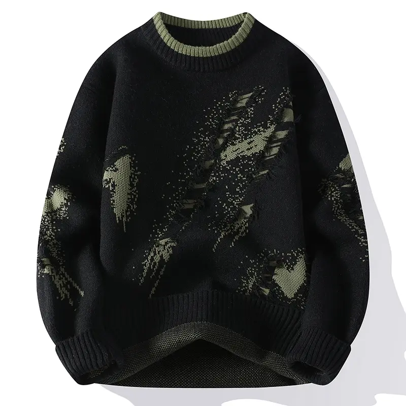 Men Trendy Ripped Knit Sweater Fashion Pullover Outdoor Loose And Warm Thick Sweater