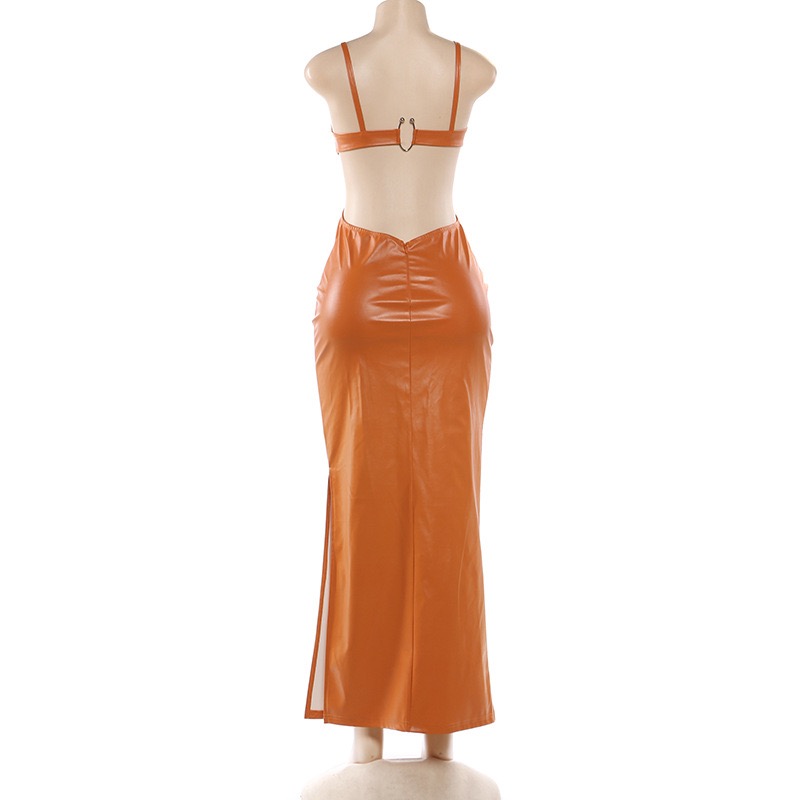 Sexy Stretch Deep V Cut Out Leather Dress Women Slit Dress Spaghetti Dress
