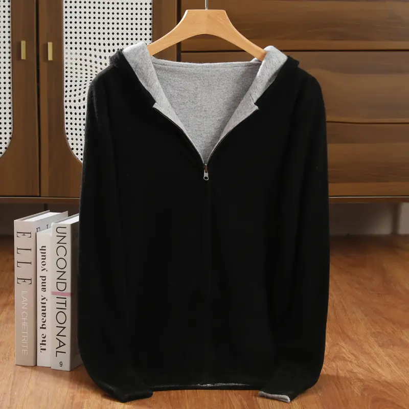 Double-Sided Hooded Zippered Men's Cashmere Cardigan Thickened Loose Casual Knitted Sweater