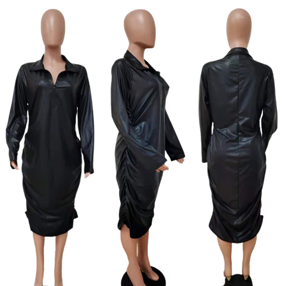 Black Leather Dress Women Solid Long Sleeve PU Women's Dresses