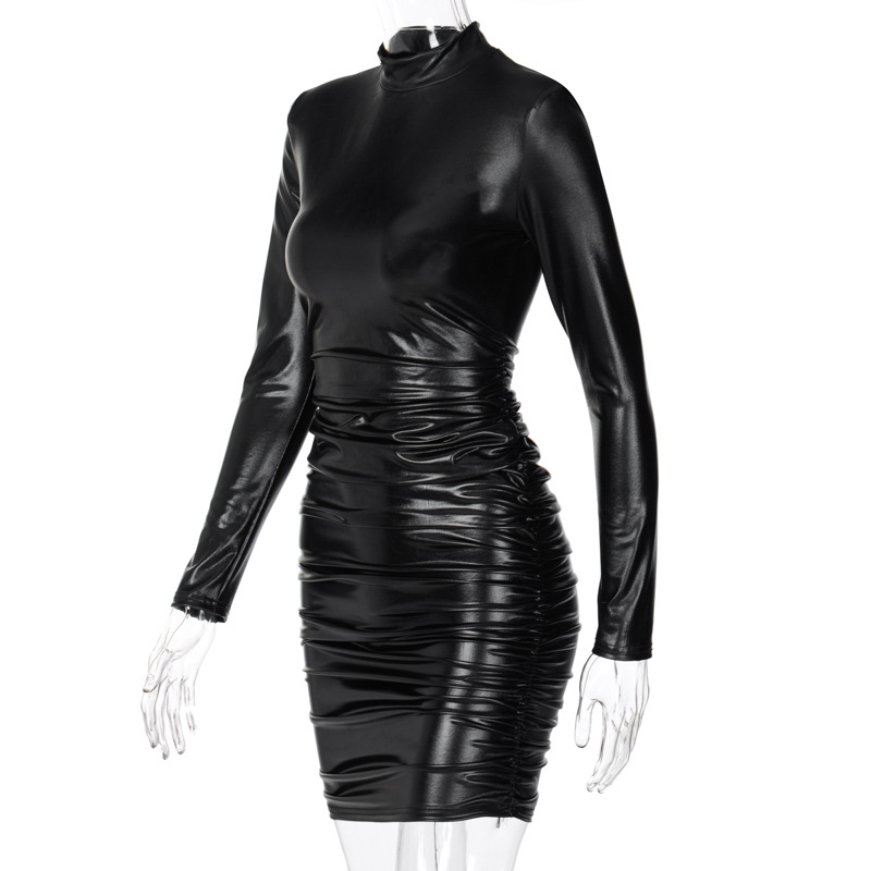 Fashion Women Long Sleeve PU Sexy Skin Tight Dress Leather Dresses