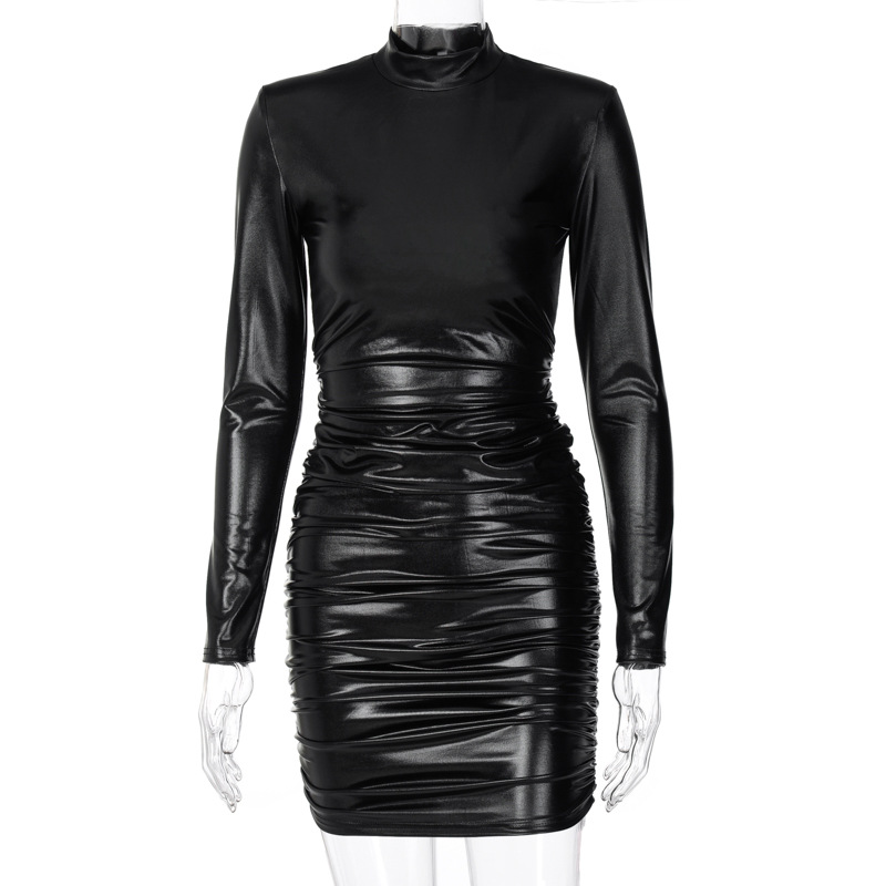 Fashion Women Long Sleeve PU Sexy Skin Tight Dress...
