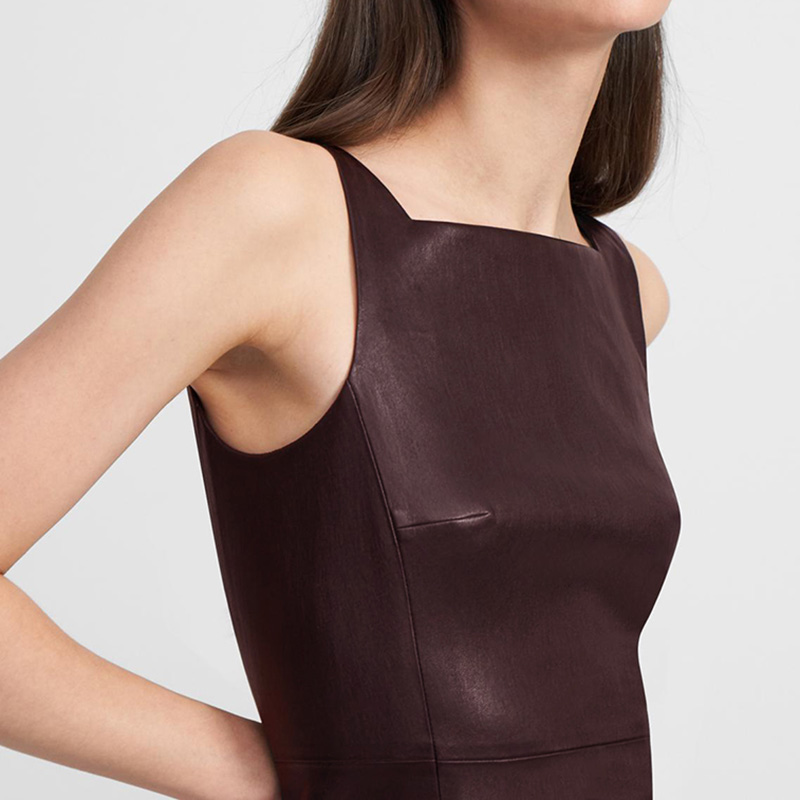 Elegant Evening Dress Sleeveless Elastic Leather Dress Ladies Genuine Sheepskin Leather Dress
