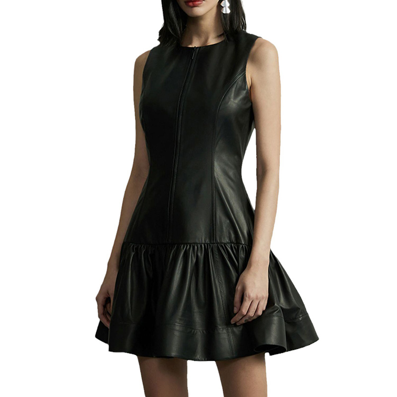 Women Pleated Mini Dress Sleeveless Lambskin Leath...