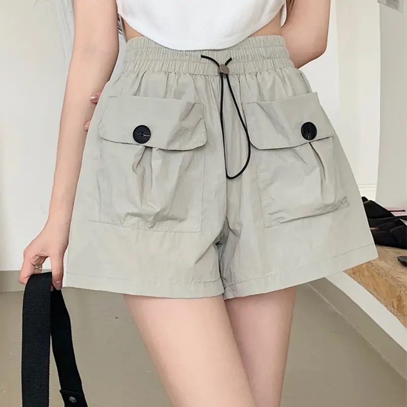 High Waist Drawstring Cargo Shorts Women Fashion Streetwear Big Pocket Short