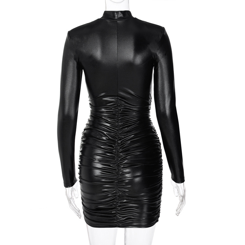 Fashion Women Long Sleeve PU Sexy Skin Tight Dress Leather Dresses