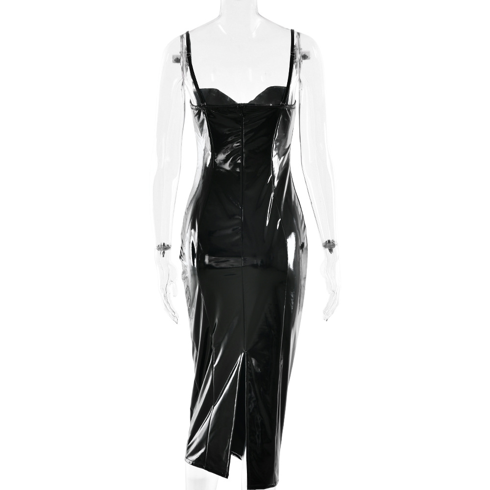 Fashion Women Leather Dresses Natural Waistline