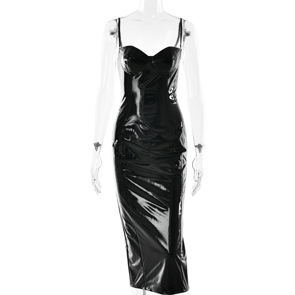 Fashion Women Leather Dresses Natural Waistline