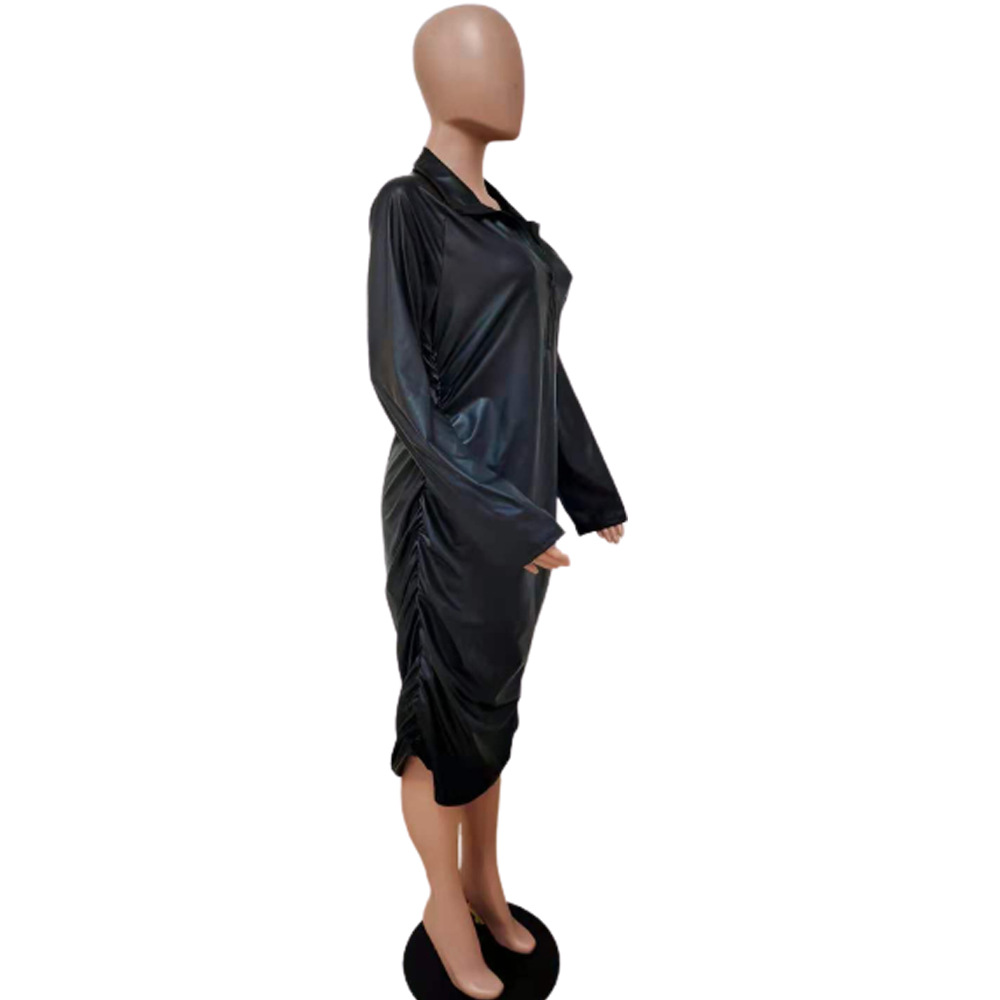 Black Leather Dress Women Solid Long Sleeve PU Women's Dresses