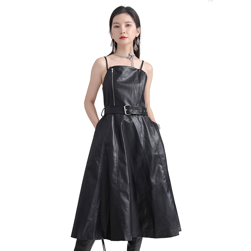 Dresses Women Fashion Leather Dress Vintage Waist ...