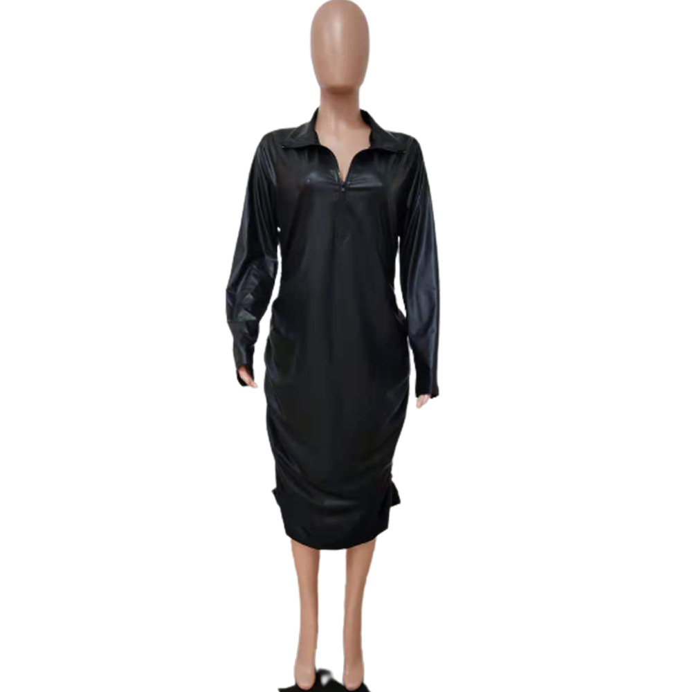 Black Leather Dress Women Solid Long Sleeve PU Wom...