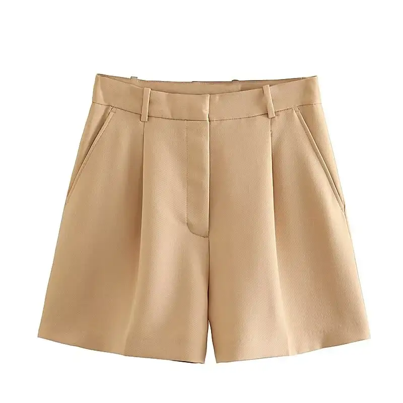 Women Fashion Solid Pleated High Waist Casual A-Line Shorts