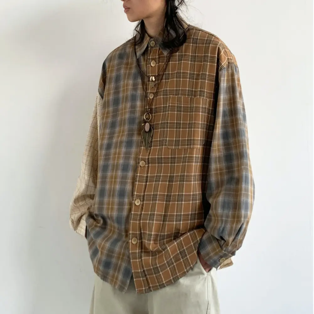 Vintage Plaid Shirt Men Color Block Casual Long Sleeve