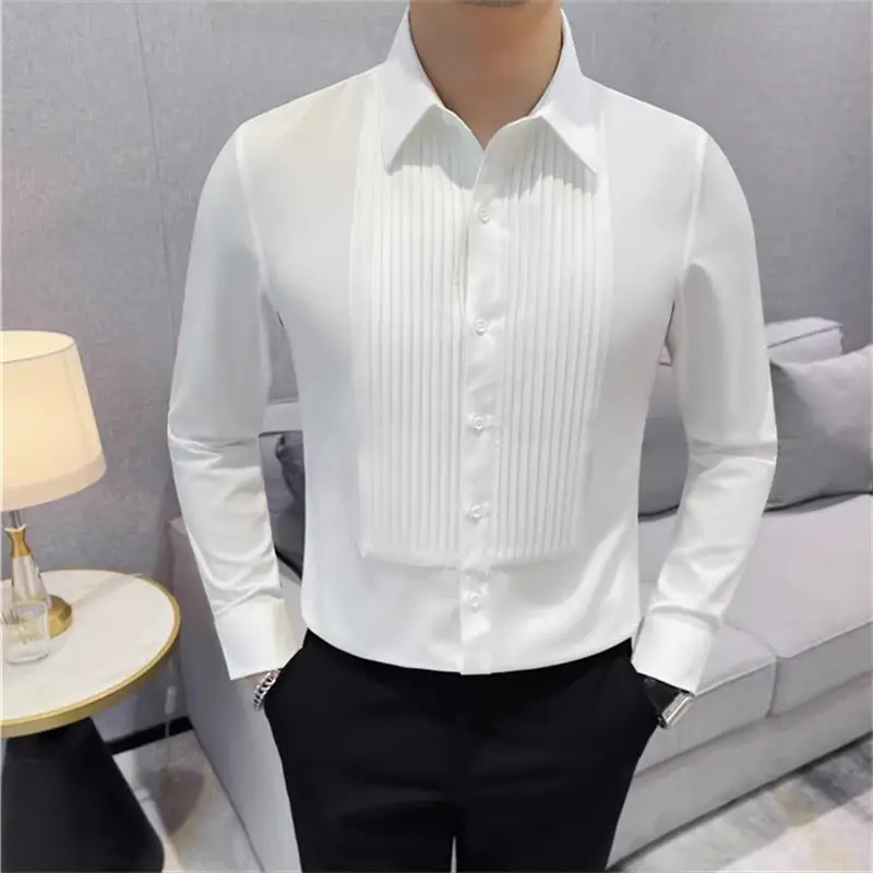Long Sleeve Shirt Men Pleated Fold Tuxedo Shirt Men's Solid Color Smart Casual Slim