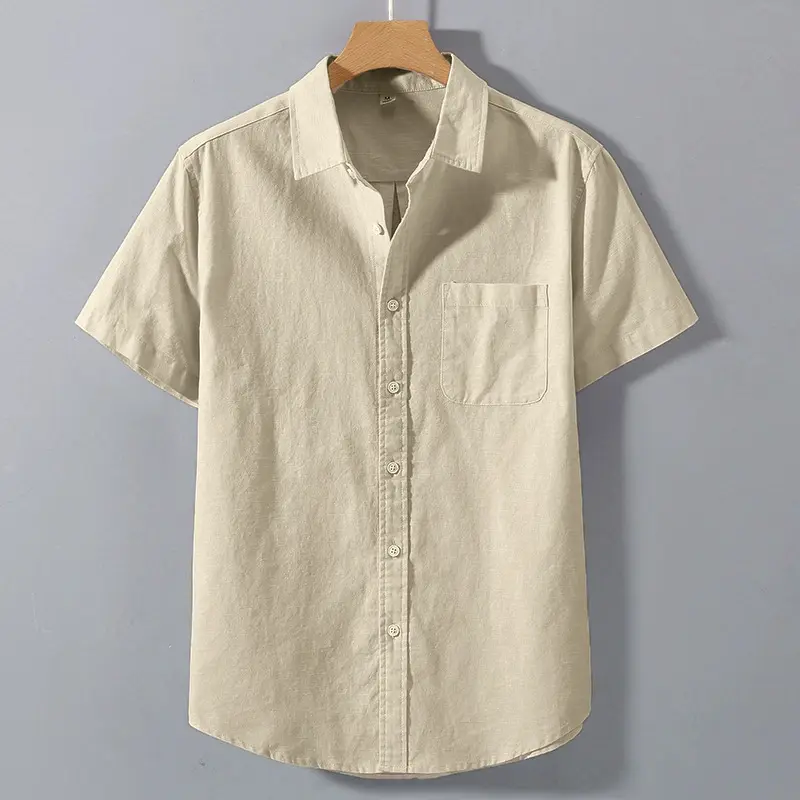 Men's Short Sleeve Shirts Solid Color Stand Collar Oversize T-Shirts Breathable Loose Shirts
