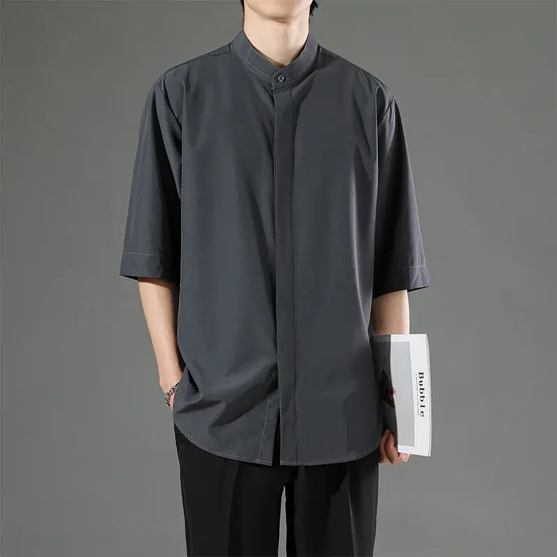 Thin Short-sleeved Shirts Men Loose Stretch Business Casual Shirts Male No-iron Stand Collar