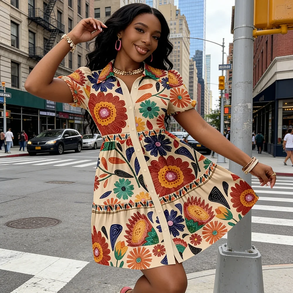 Women's Floral Print Shirt Dress Ruffle ...