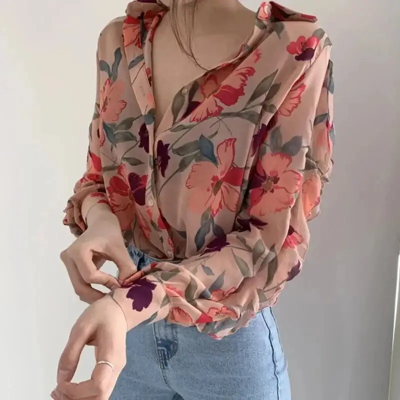 Floral Print Sleeve Lapel Button-up Vintage Elegan...