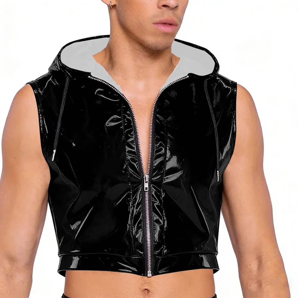 Wet Look PVC Leather Crop Tops Men Shiny Vinyl Leather Zipper Tank Vest