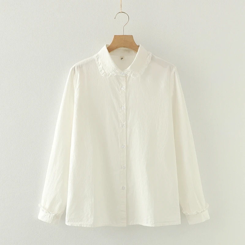 Fresh Ruffled Edge Doll Collar Pure Shirt for Wome...