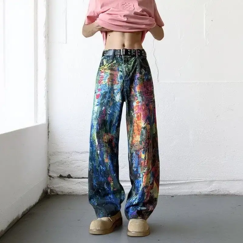 Stylish Loose-Fitting Wide-Leg Denim Printed Pants