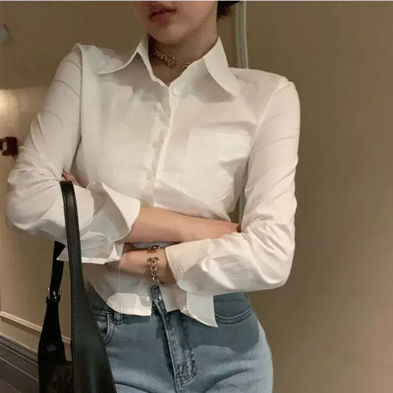 Women Shirt Pocket Button Lapel Ladies Blouse Comm...