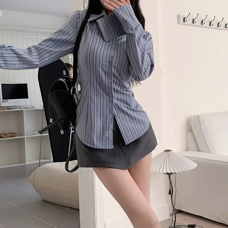 Striped Long Sleeve Shirt Jacket Women's Waist Cin...
