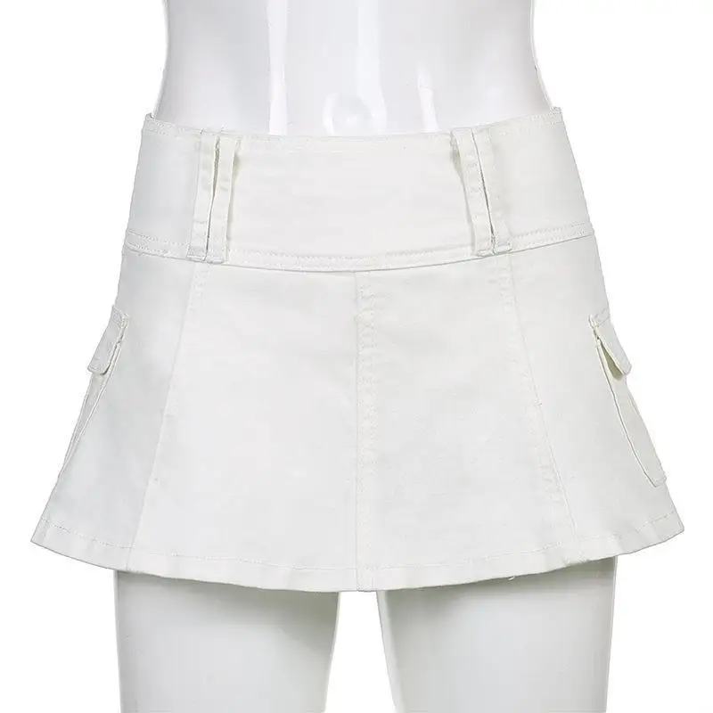 Women Solid Color Denim Pleated ...